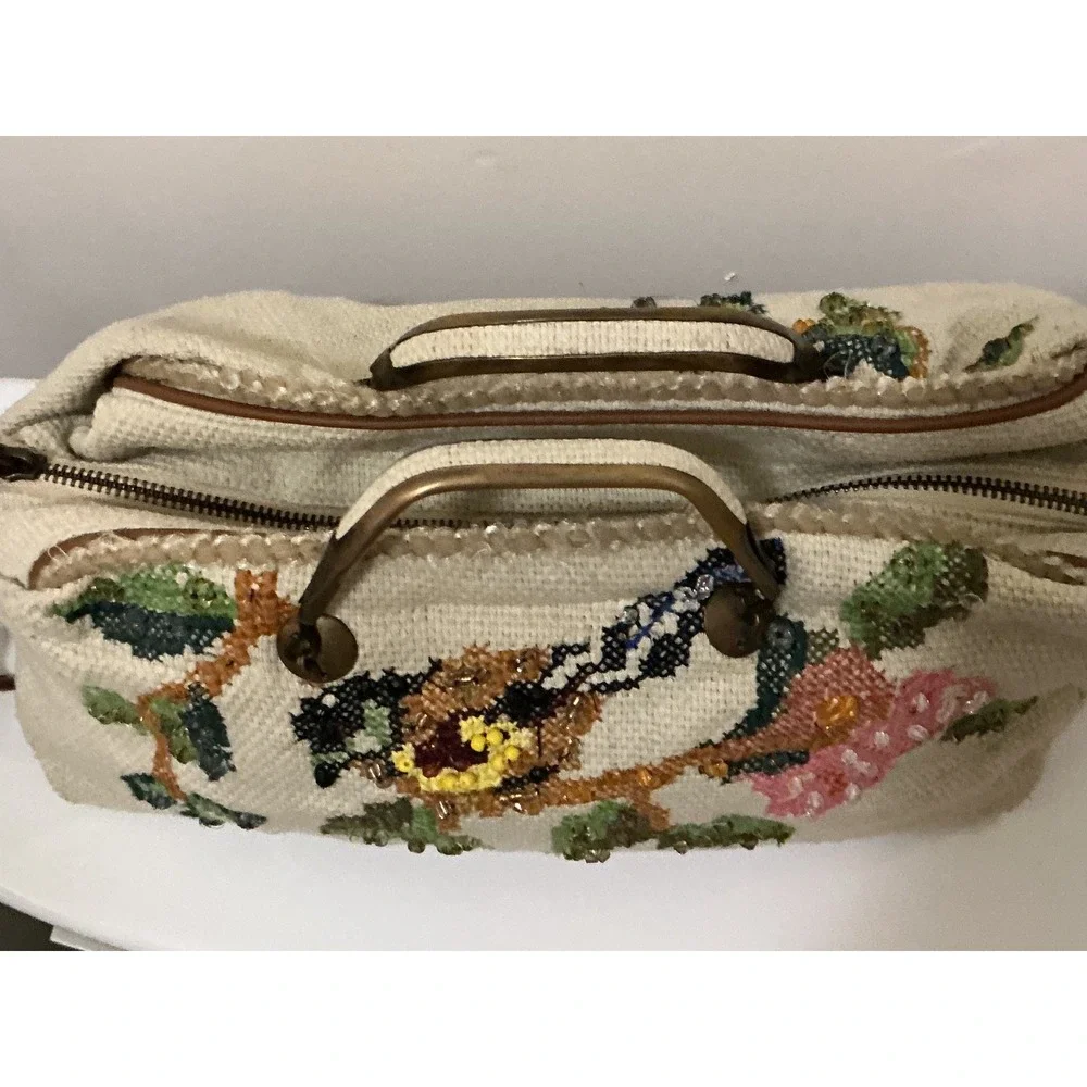 Miss Albright Anthropologie Bird Needlepoint Canvas Satchel Bag‎ Cream Floral